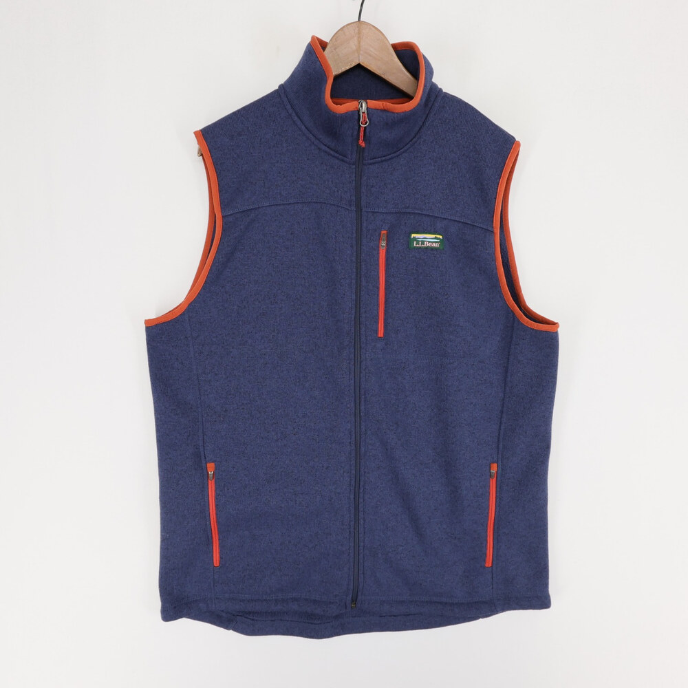 LL Bean Sweater Fleece Vest Mens L Tall Blue Heather Orange Trim Full Zip